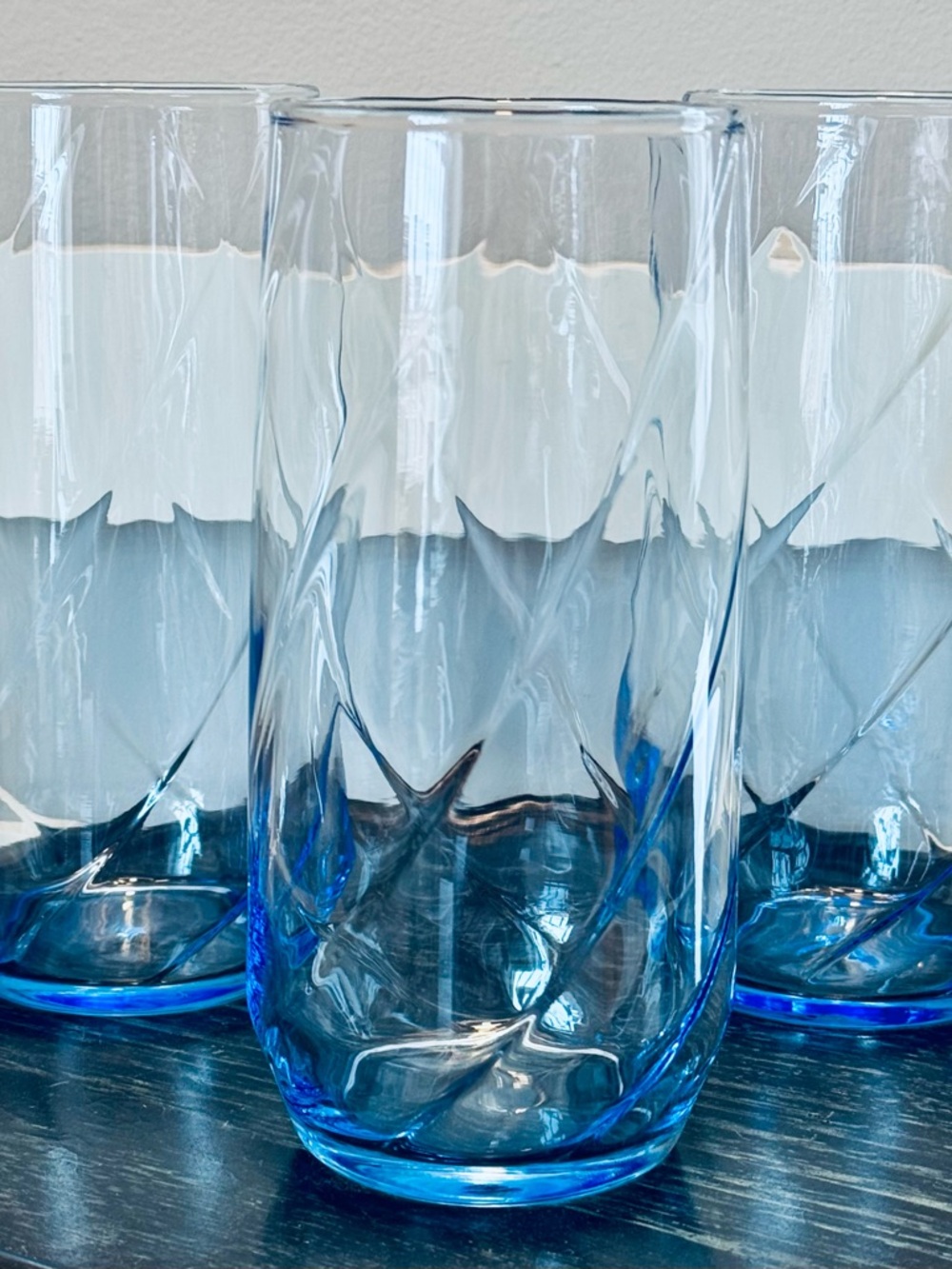 Set of 3 Vintage Libbey Tumblers Drinking Glasses Large Clear Blue Swirl
